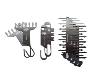 Three BBQ tools arranged side by side, including a meat shredder, grill scraper, and a skewer made from stainless steel.