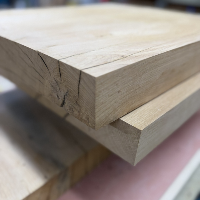 English oak chopping board blank with chunky square edge and natural grain detail