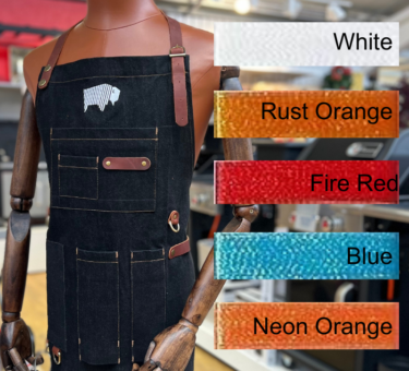 Mannequin wearing a Bison Hill BBQ apron with colour swatches including white, rust orange, fire red, blue, and neon orang