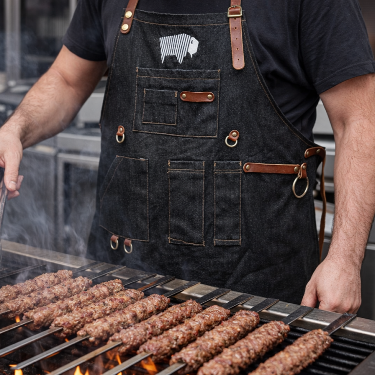 Black leather-strap BBQ apron worn while grilling Turkish-style kebabs over open flames