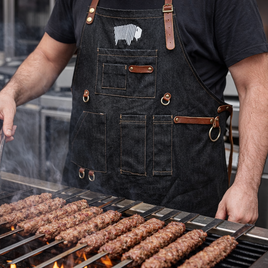 Black leather-strap BBQ apron worn while grilling Turkish-style kebabs over open flames